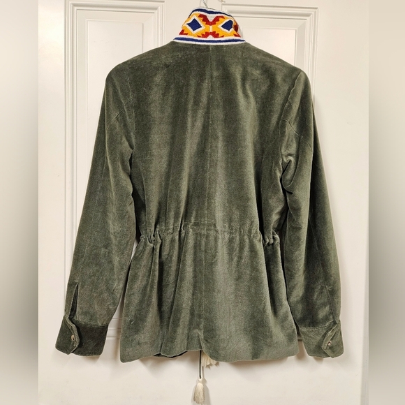 Anthro Aztec South Western Embroidered Tassel Olive Velvet Parka Jacket size M - Picture 7 of 16